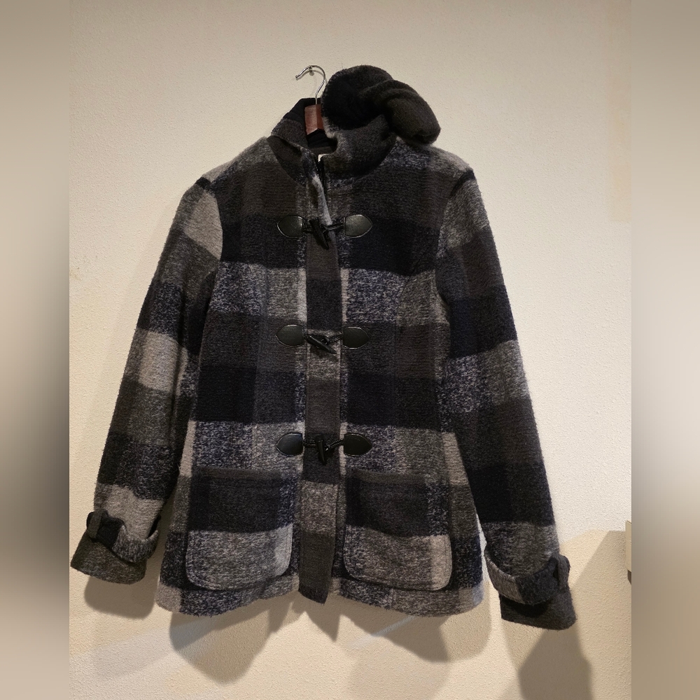 Market & Spruce Hooded Duffle Jacket Sz Large Toggle Close Check Pattern